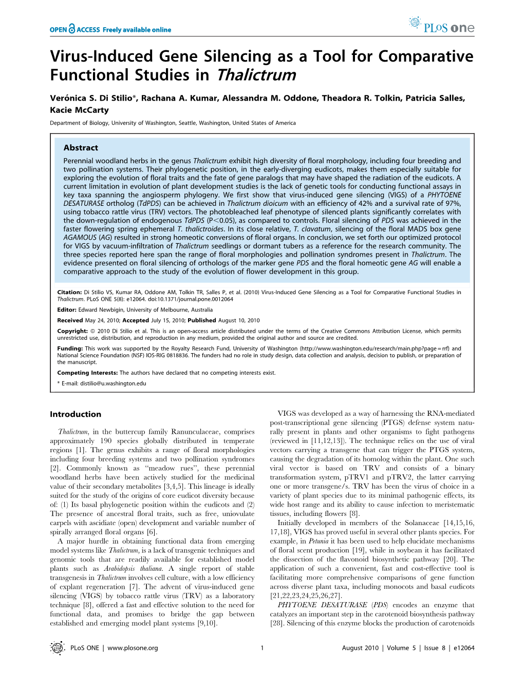 Virus-Induced Gene Silencing As a Tool for Comparative Functional Studies in Thalictrum