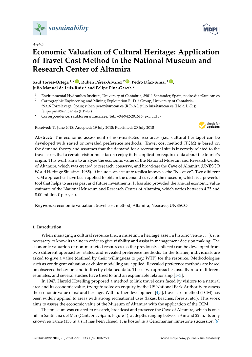 Economic Valuation of Cultural Heritage: Application of Travel Cost Method to the National Museum and Research Center of Altamira