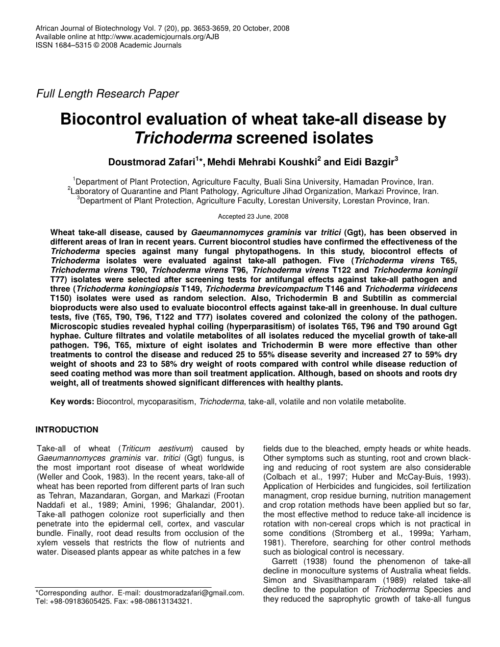 Biocontrol Evaluation of Wheat Take-All Disease by Trichoderma Screened Isolates