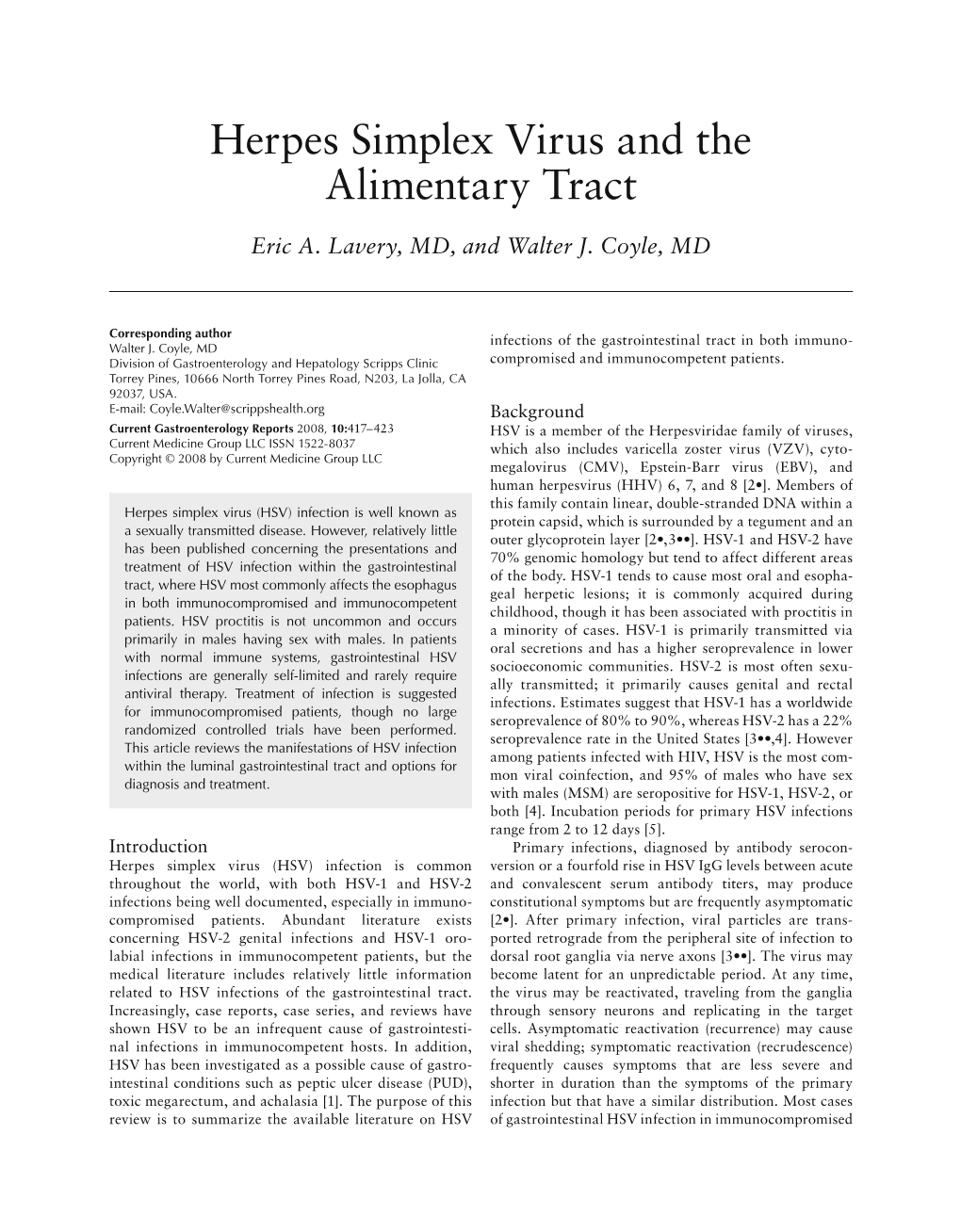 Herpes Simplex Virus and the Alimentary Tract