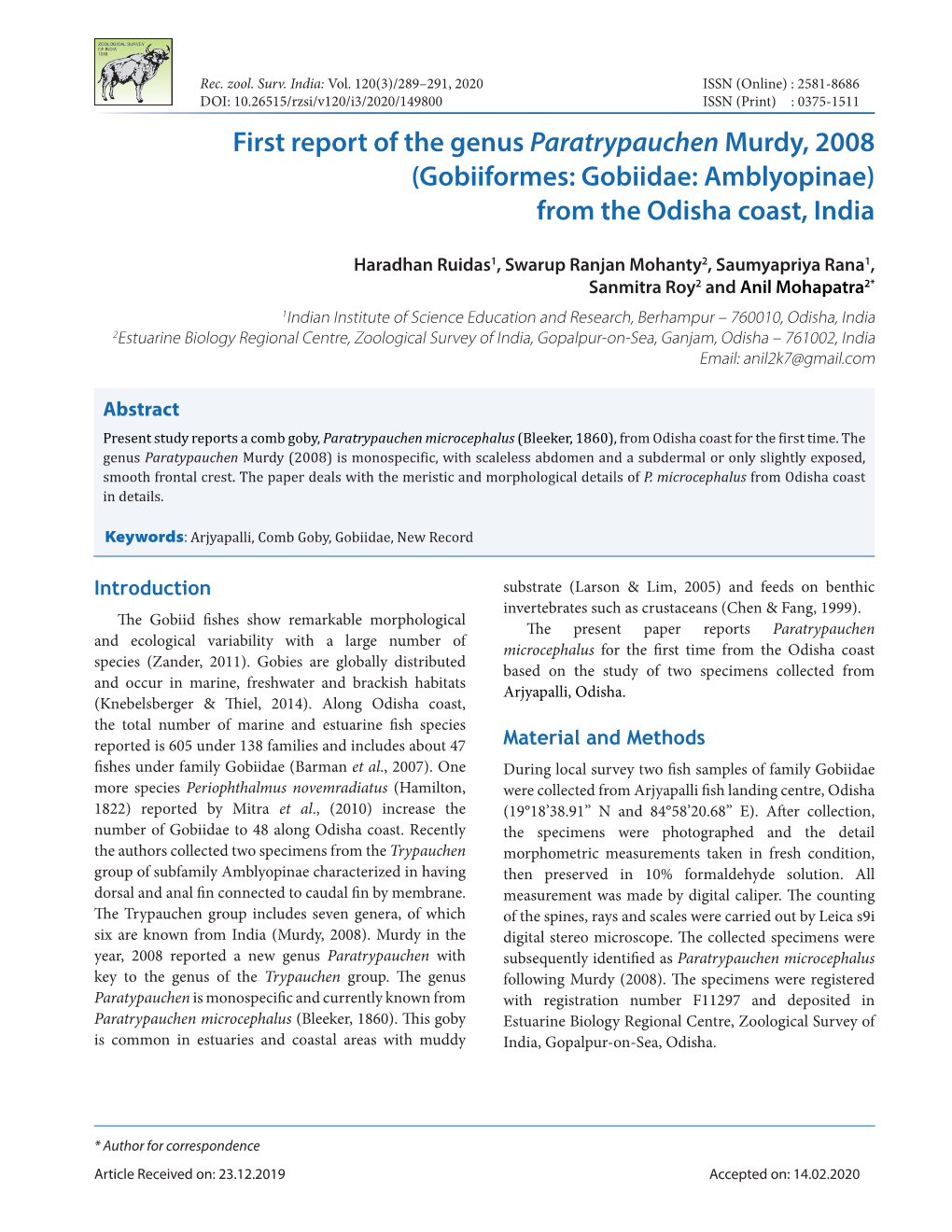 Gobiiformes: Gobiidae: Amblyopinae) from the Odisha Coast, India