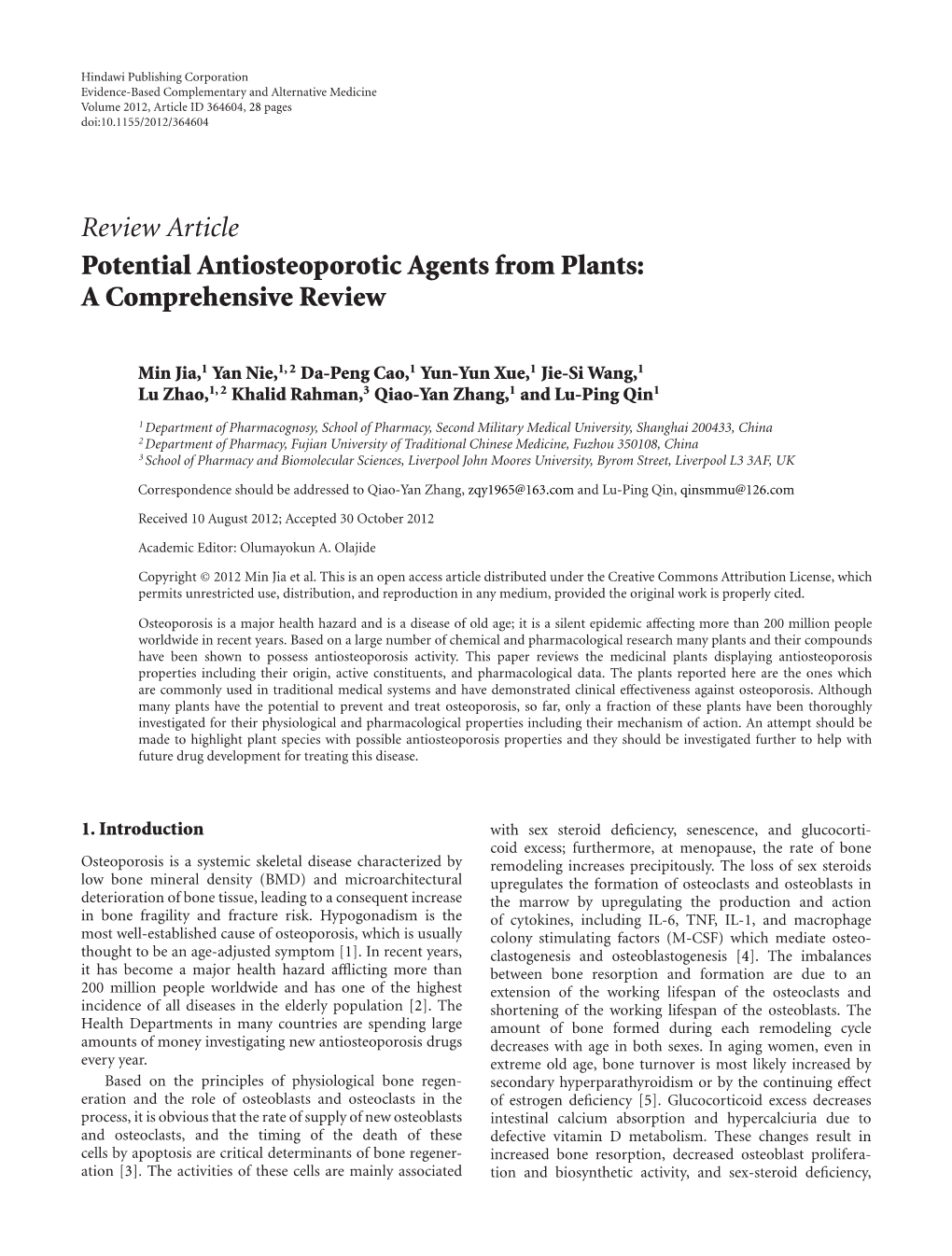 Review Article Potential Antiosteoporotic Agents from Plants: Acomprehensivereview