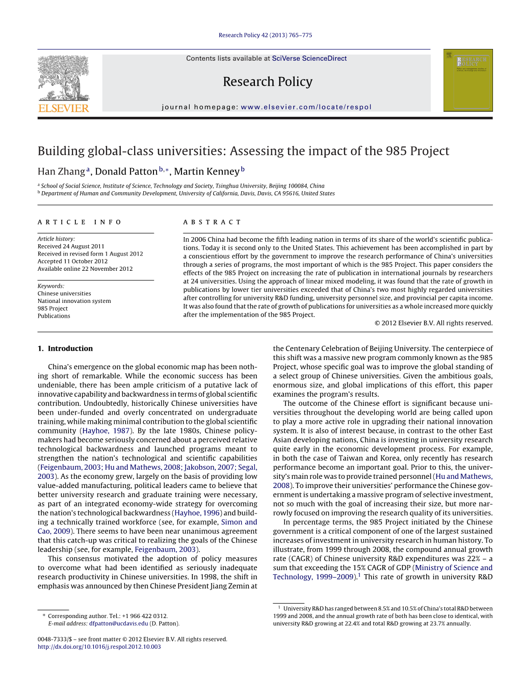 Building Global-Class Universities: Assessing the Impact of the 985 Project