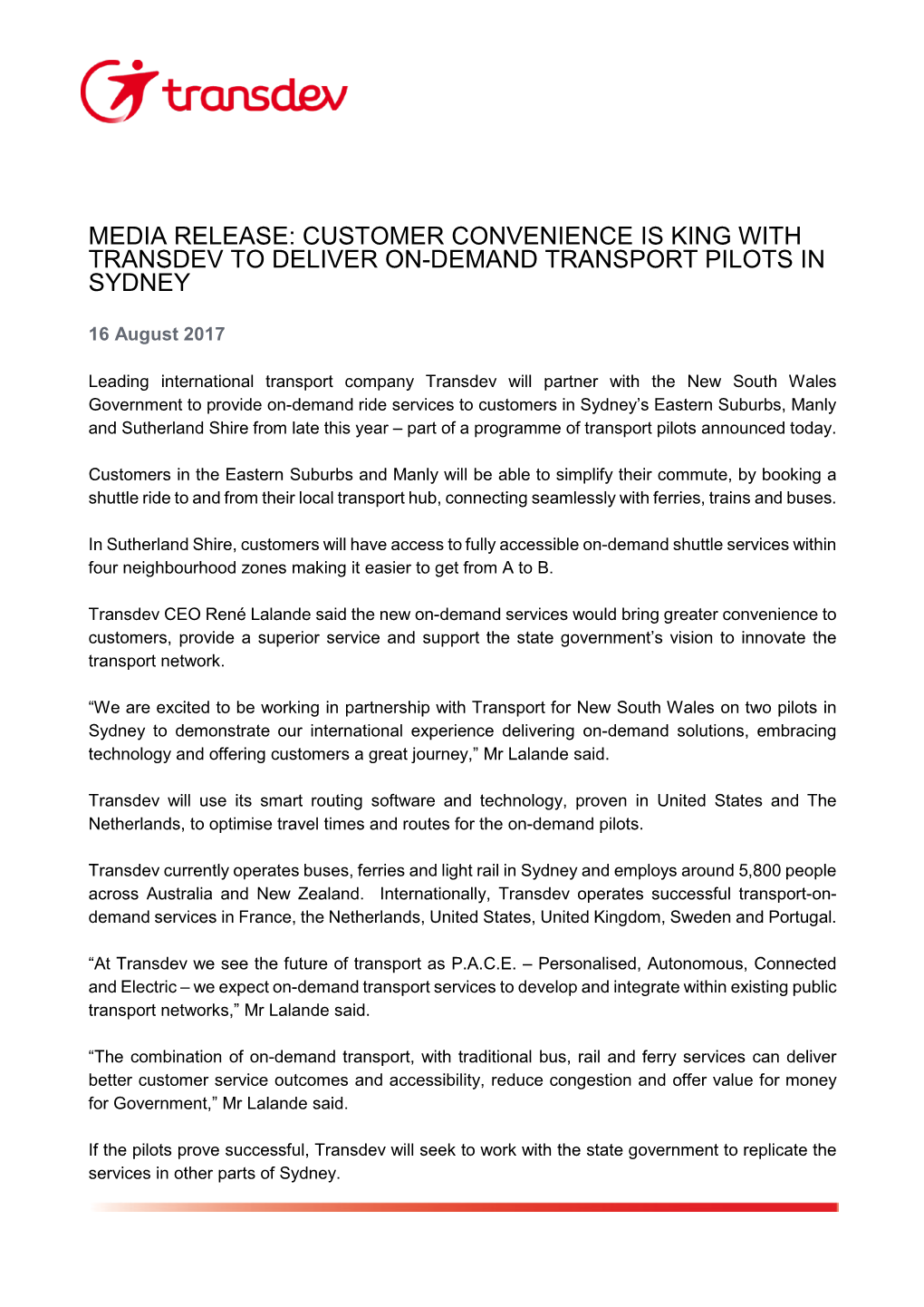 Media Release: Customer Convenience Is King with Transdev to Deliver On-Demand Transport Pilots in Sydney