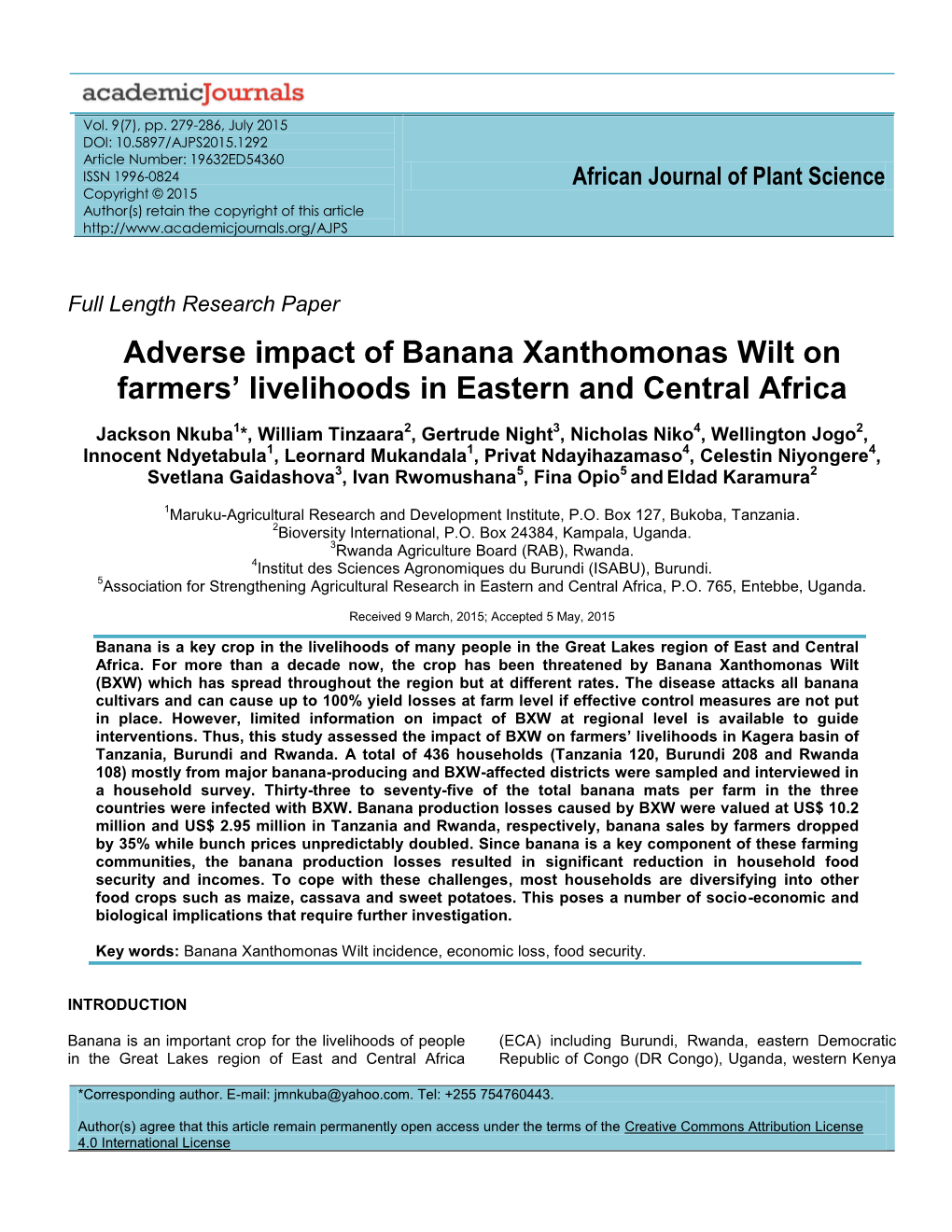 Impact of Banana Xanthomonas Wilt on Farmers' Livelihoods in Kagera