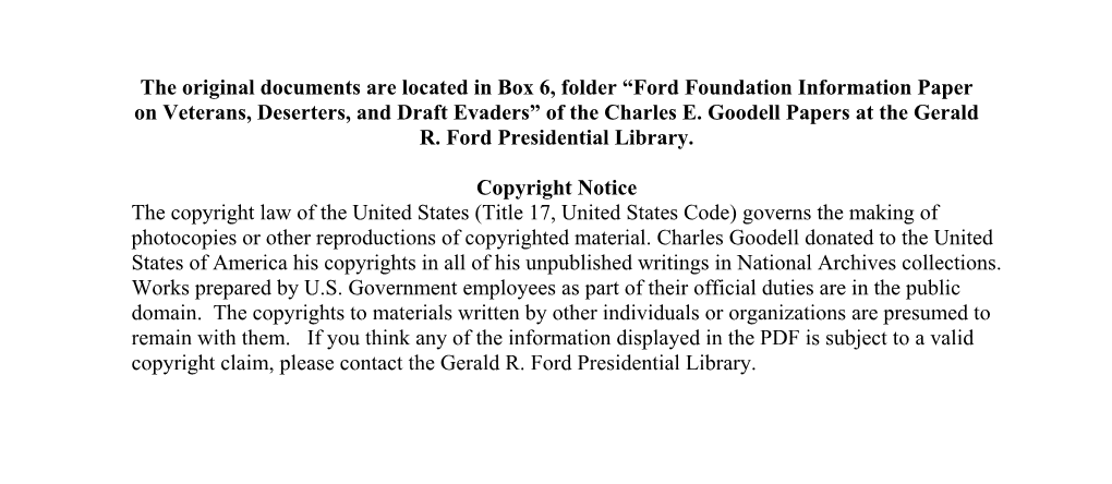 Ford Foundation Information Paper on Veterans, Deserters, and Draft Evaders” of the Charles E
