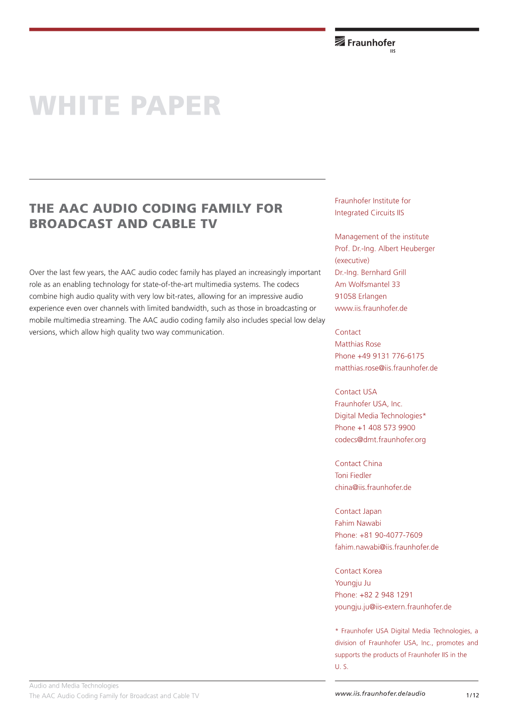 White Paper: the AAC Audio Coding Family for Broadcast and Cable TV