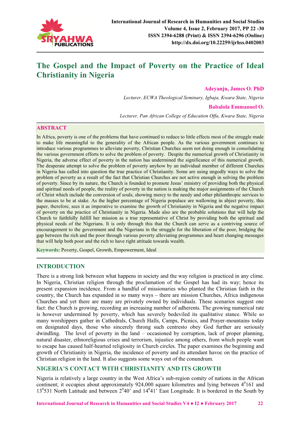 The Gospel and the Impact of Poverty on the Practice of Ideal Christianity in Nigeria