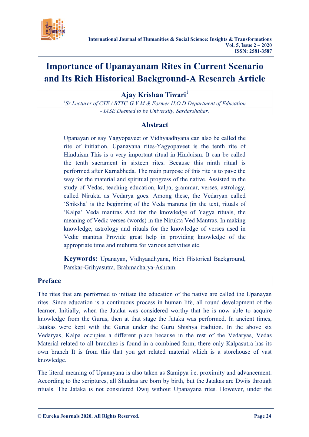 Importance of Upanayanam Rites in Current Scenario and Its Rich Historical Background-A Research Article