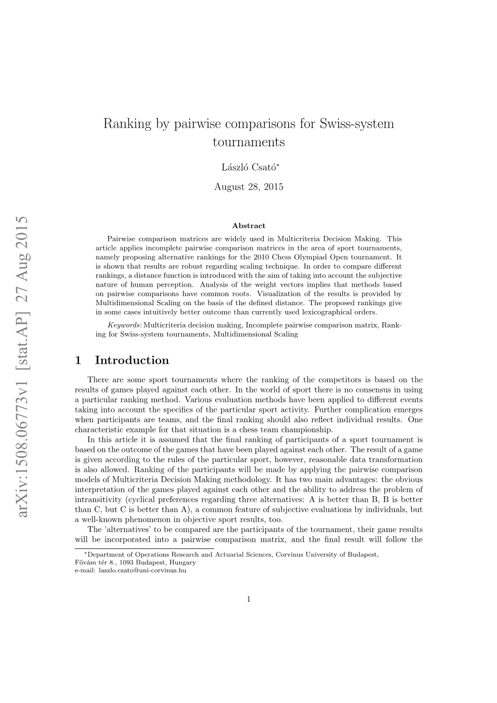 Ranking by Pairwise Comparisons for Swiss-System Tournaments