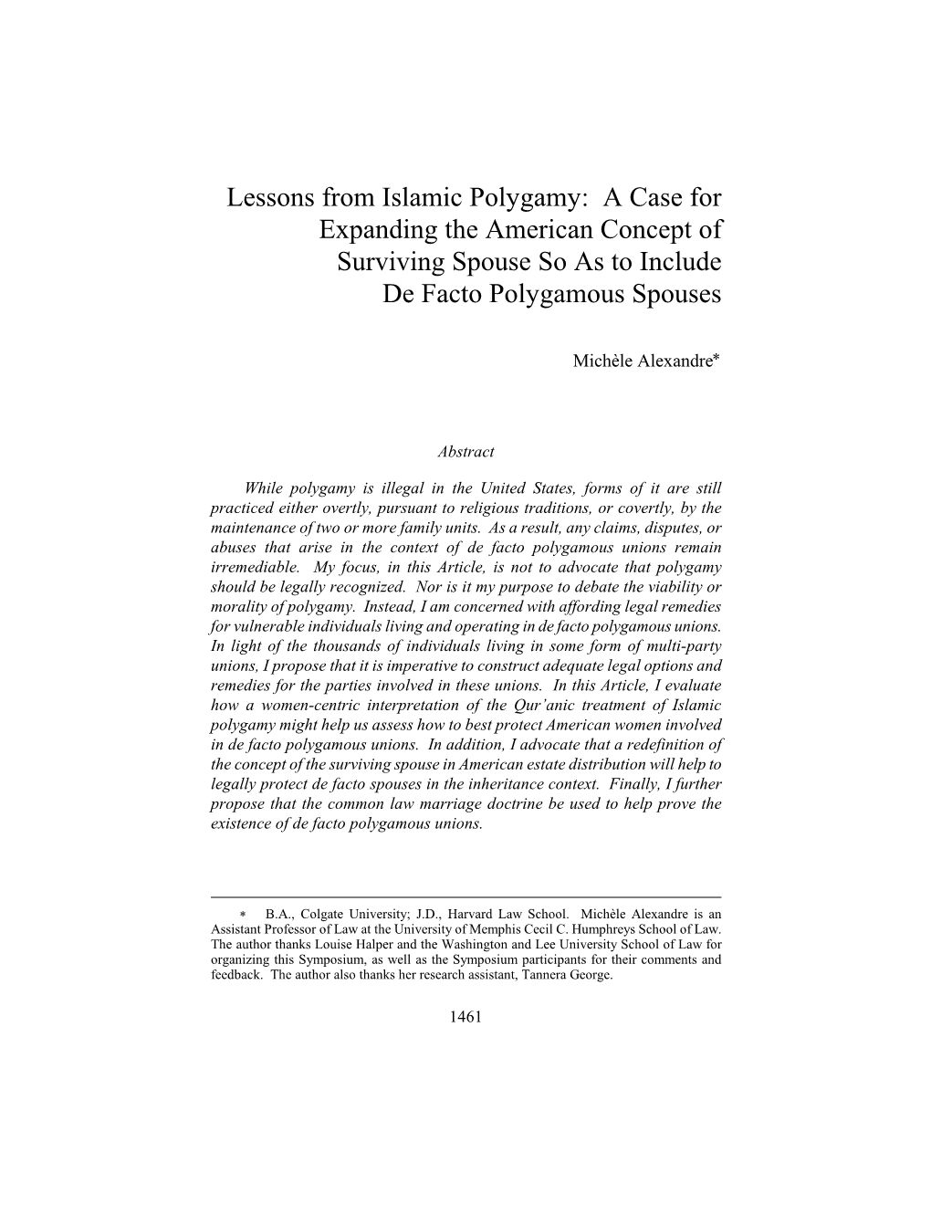 Lessons from Islamic Polygamy: a Case for Expanding the American Concept of Surviving Spouse So As to Include De Facto Polygamous Spouses