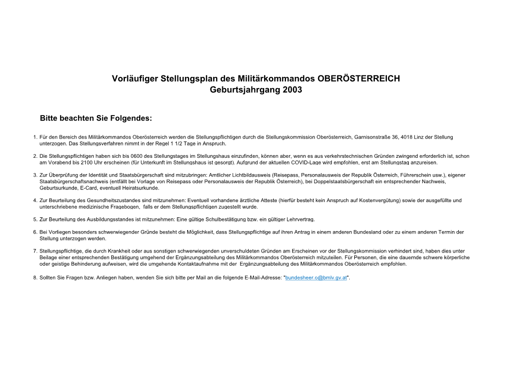 Vorläufiger Stellungsplan Oberösterreich