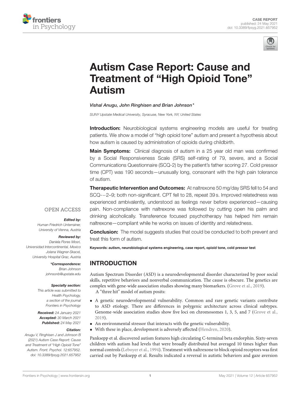 Autism Case Report: Cause and Treatment of “High Opioid Tone” Autism