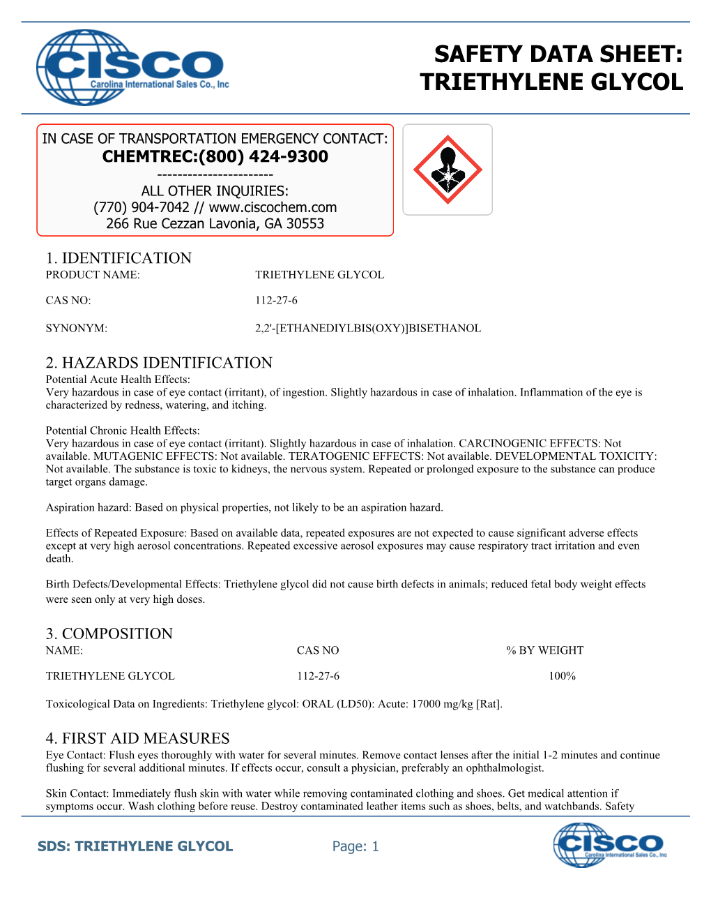 Safety Data Sheet: Triethylene Glycol