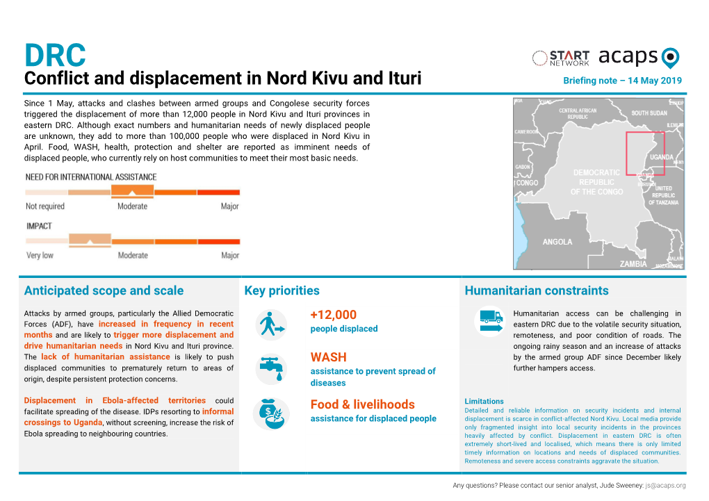 Conflict and Displacement in Nord Kivu and Ituri Briefing Note – 14 May 2019