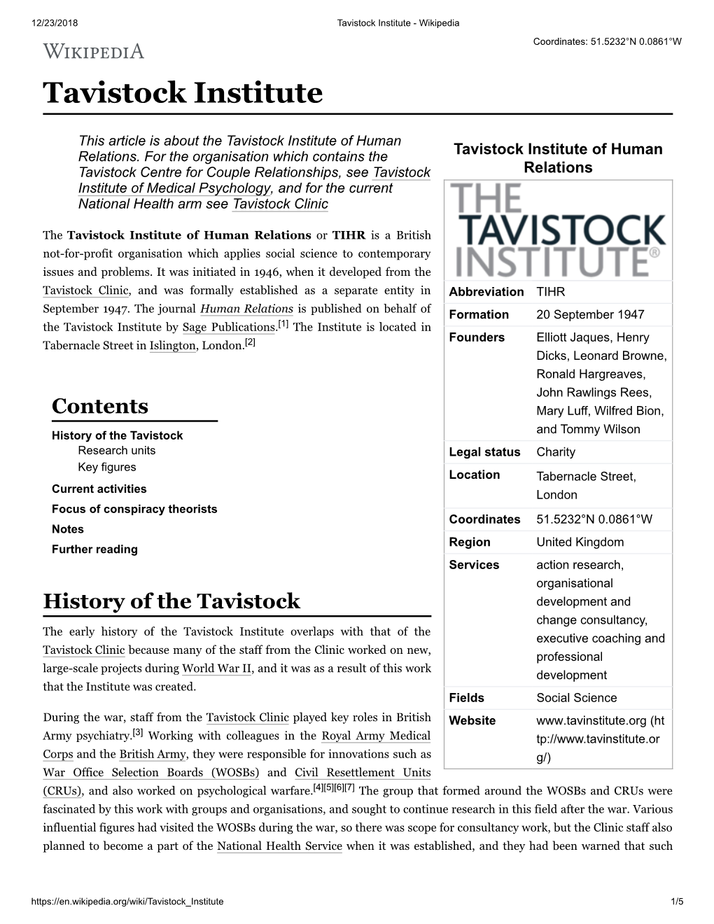 Tavistock Institute - Wikipedia Coordinates: 51.5232°N 0.0861°W