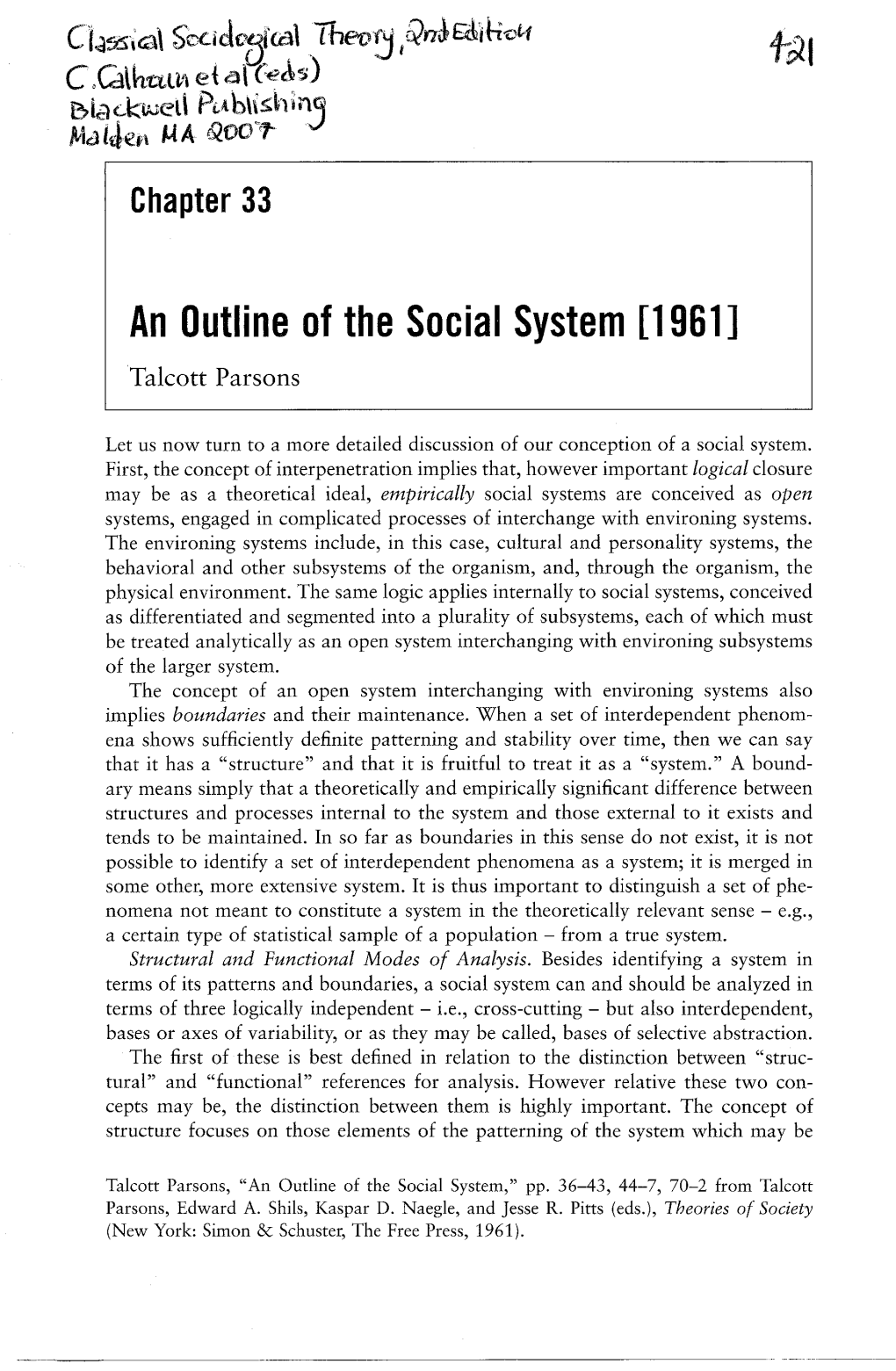 Talcott Parsons: an Outline of the Social System