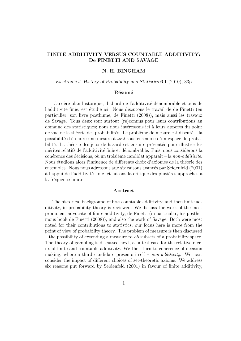 FINITE ADDITIVITY VERSUS COUNTABLE ADDITIVITY: De FINETTI and SAVAGE