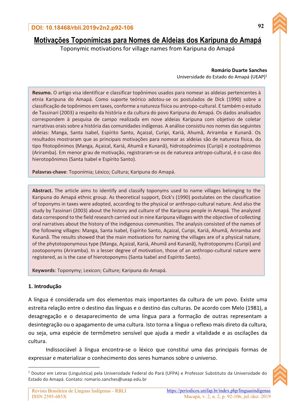 Motivações Toponímicas Para Nomes De Aldeias Dos Karipuna Do Amapá Toponymic Motivations for Village Names from Karipuna Do Amapá