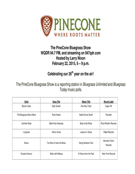 The Pinecone Bluegrass Show WQDR 94.7 FM, and Streaming on 947Qdr.Com Hosted by Larry Nixon February 22, 2015, 6 – 9 P.M