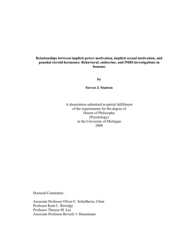 Relationships Between Implicit Power Motivation, Implicit Sexual Motivation, and Gonadal Steroid Hormones: Behavioral, Endocrine, and Fmri Investigations in Humans