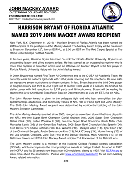 Harrison Bryant of Florida Atlantic Named 2019 John Mackey Award Recipient