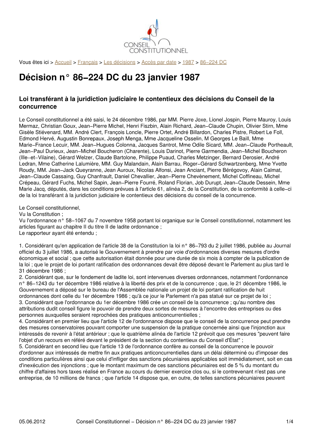 Conseil Constitutionnel a Été Saisi, Le 24 Décembre 1986, Par MM