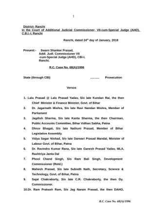 VII-Cum-Special Judge (AHD), CBI-I, Ranchi Ranchi, Dated 2