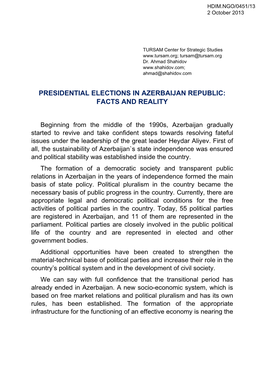 Presidential Elections in Azerbaijan Republic: Facts and Reality