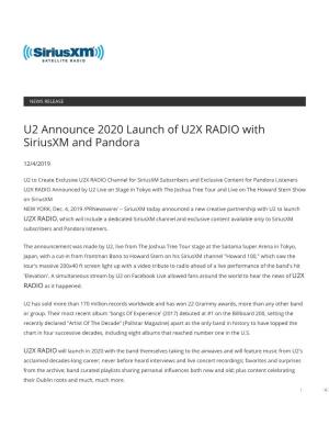 U2 Announce 2020 Launch of U2X RADIO with Siriusxm and Pandora