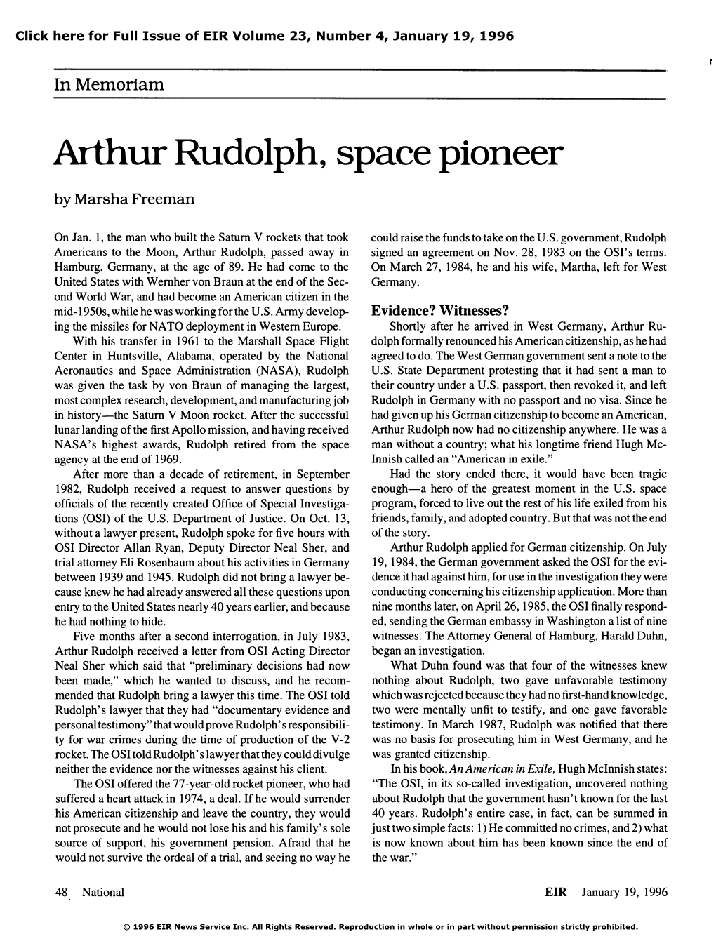 {In Memoriam}: Arthur Rudolph, Space Pioneer