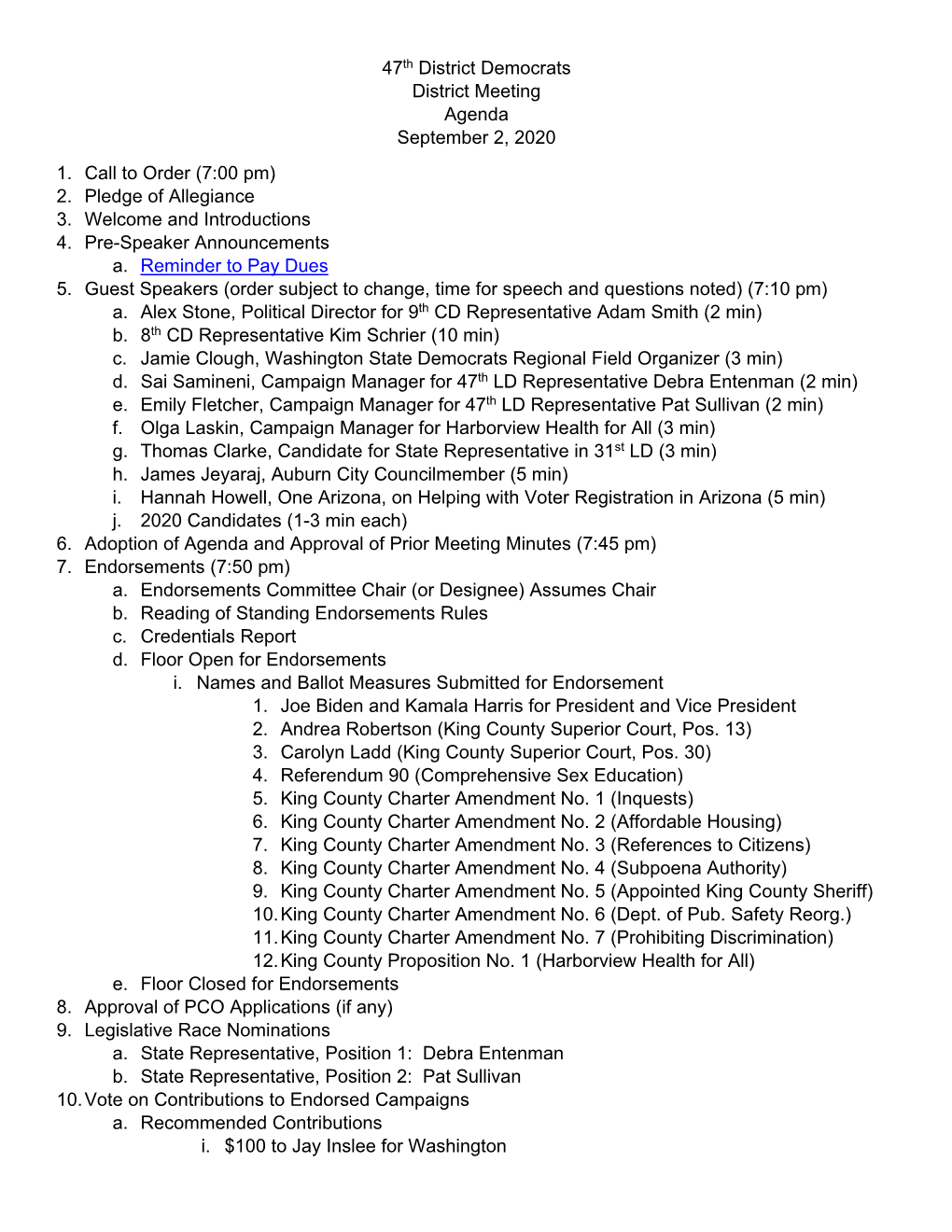 47Th District Democrats District Meeting Agenda September 2, 2020 1