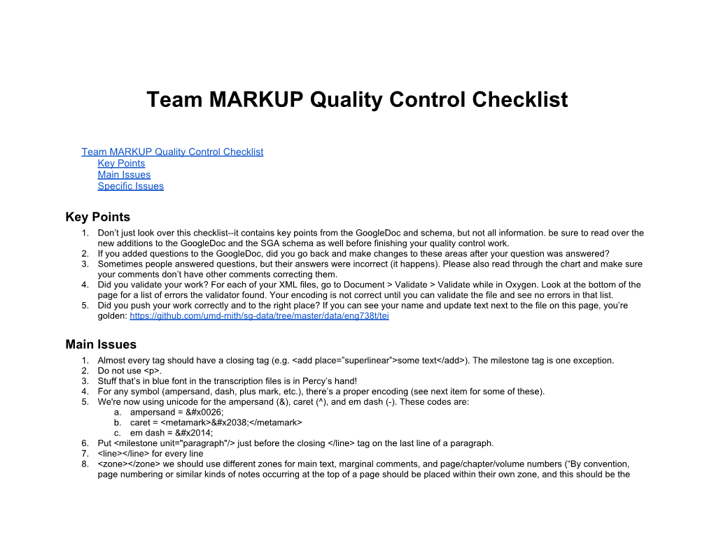 Team MARKUP Quality Control Checklist