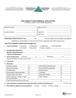 ZOO LIABILITY SUPPLEMENTAL APPLICATION (Complete in Addition to the ACORD Application)