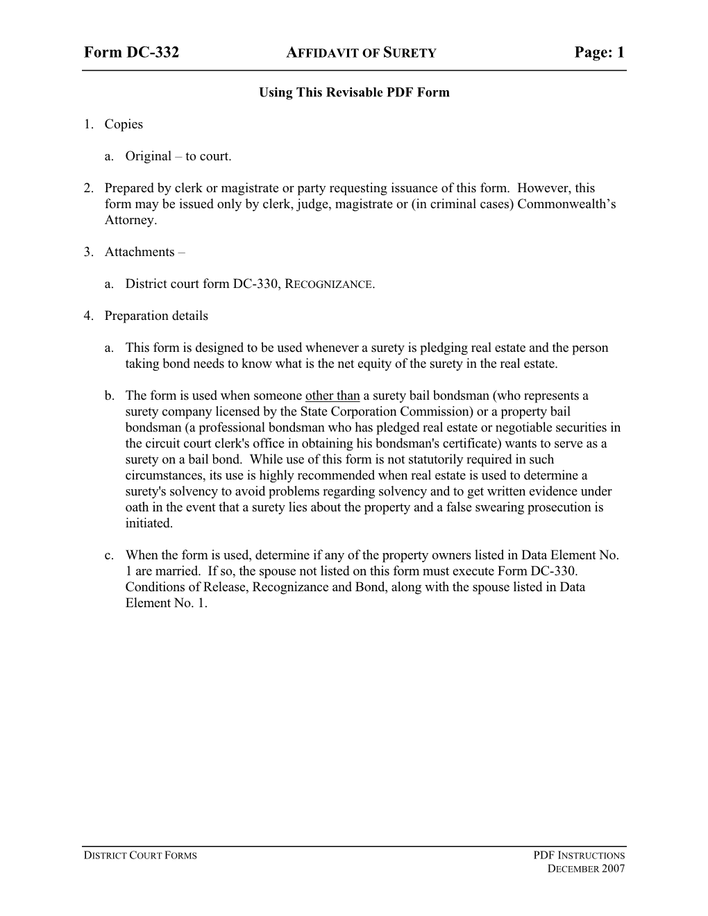 INSTRUCTIONS DECEMBER 2007 Form DC-332 AFFIDAVIT of SURETY Page: 2