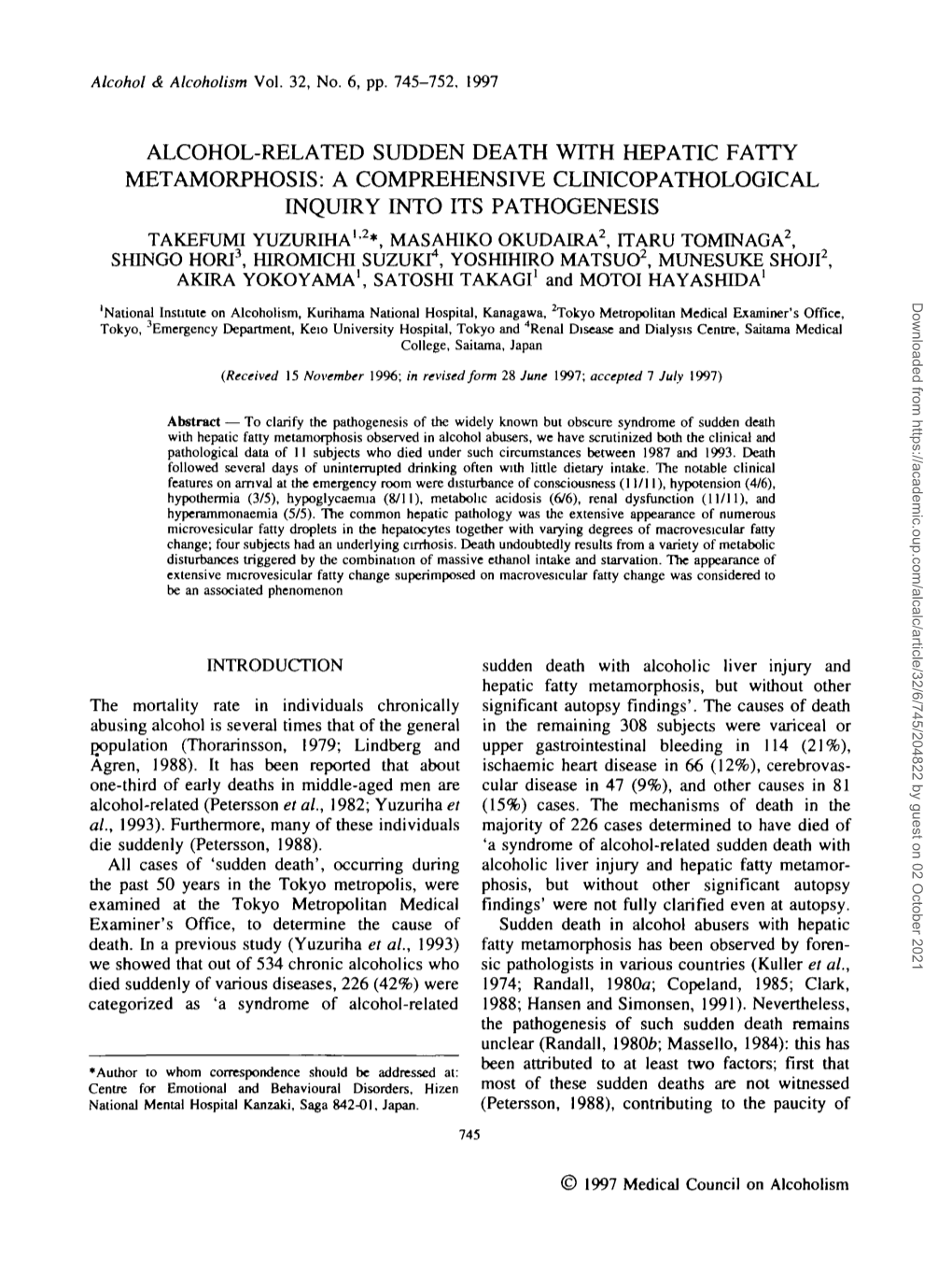 Alcohol-Related Sudden Death with Hepatic Fatty Metamorphosis