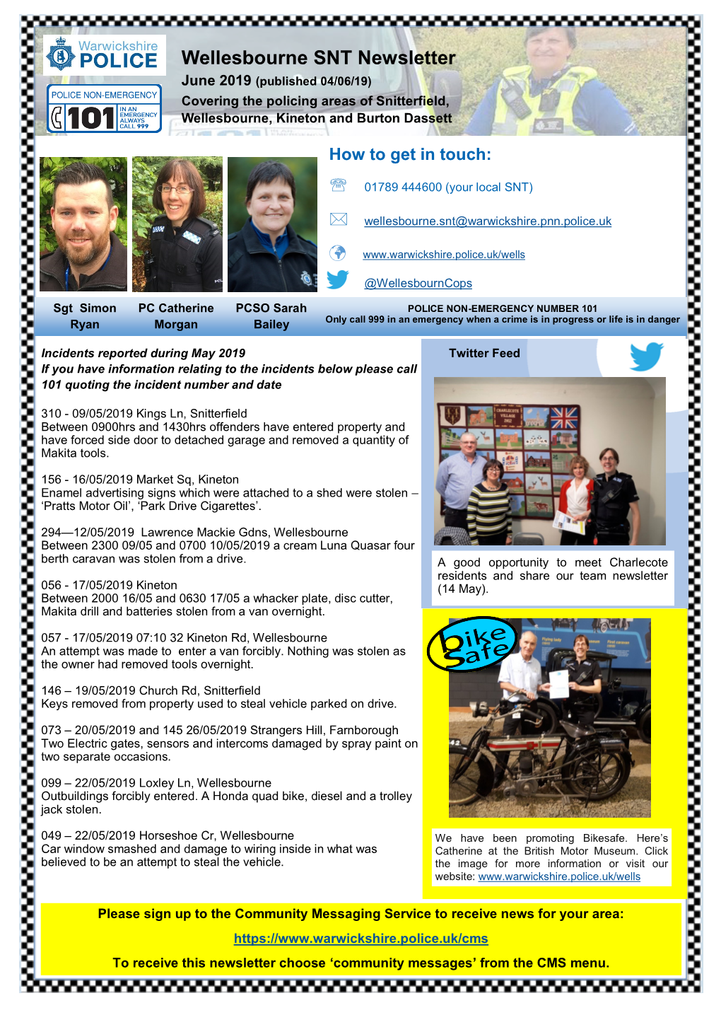 Wellesbourne SNT Newsletter June 2019 (Published 04/06/19) Covering the Policing Areas of Snitterfield, Wellesbourne, Kineton and Burton Dassett