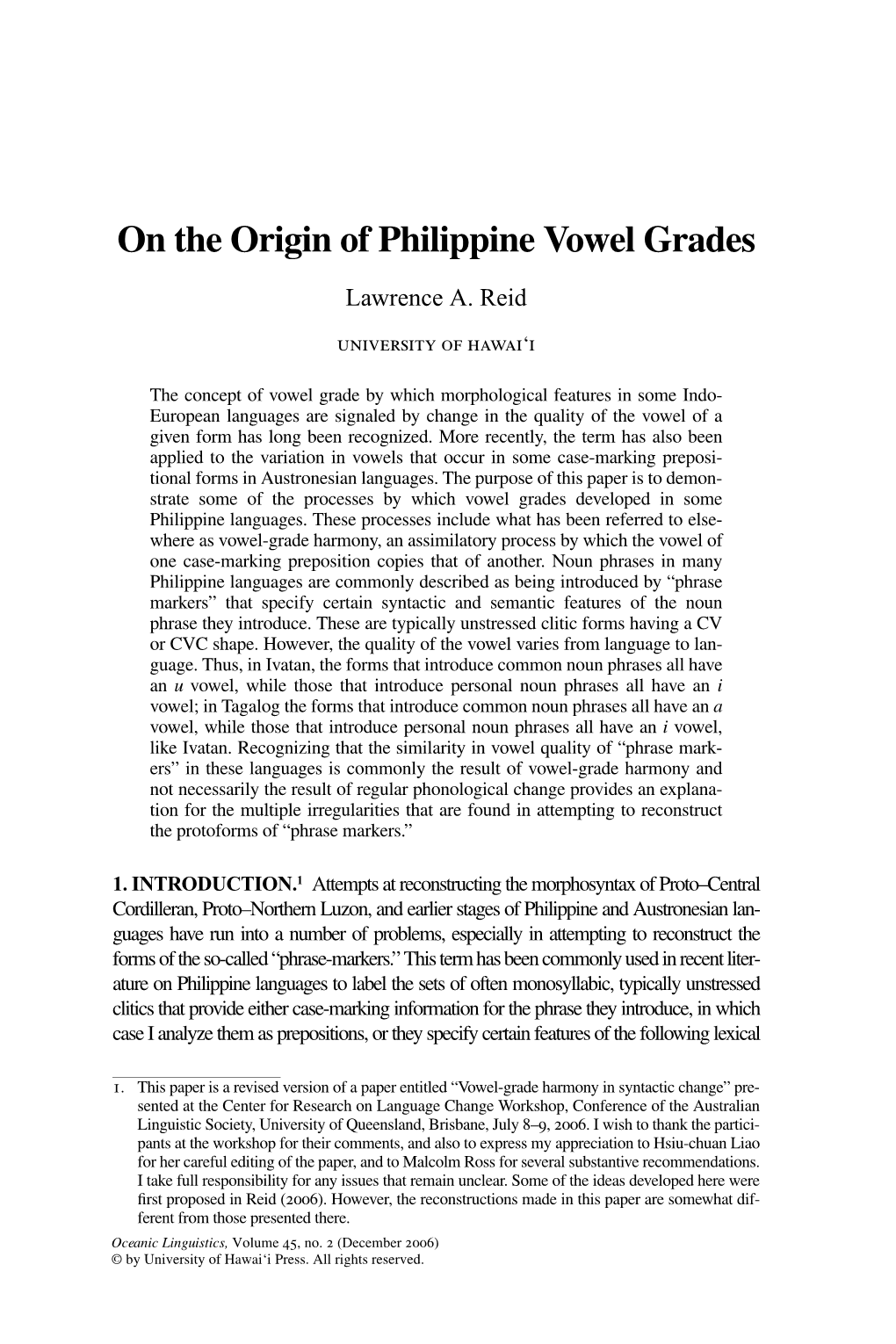 On the Origin of Philippine Vowel Grades