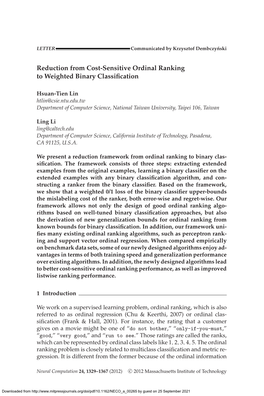 Reduction from Cost-Sensitive Ordinal Ranking to Weighted Binary Classiﬁcation