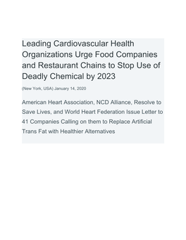 Leading Cardiovascular Health Organizations Urge Food Companies and Restaurant Chains to Stop Use of Deadly Chemical by 2023