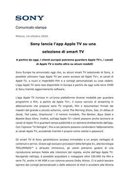 Comunicato Stampa Sony Lancia L'app Apple TV Su Una Selezione Di Smart