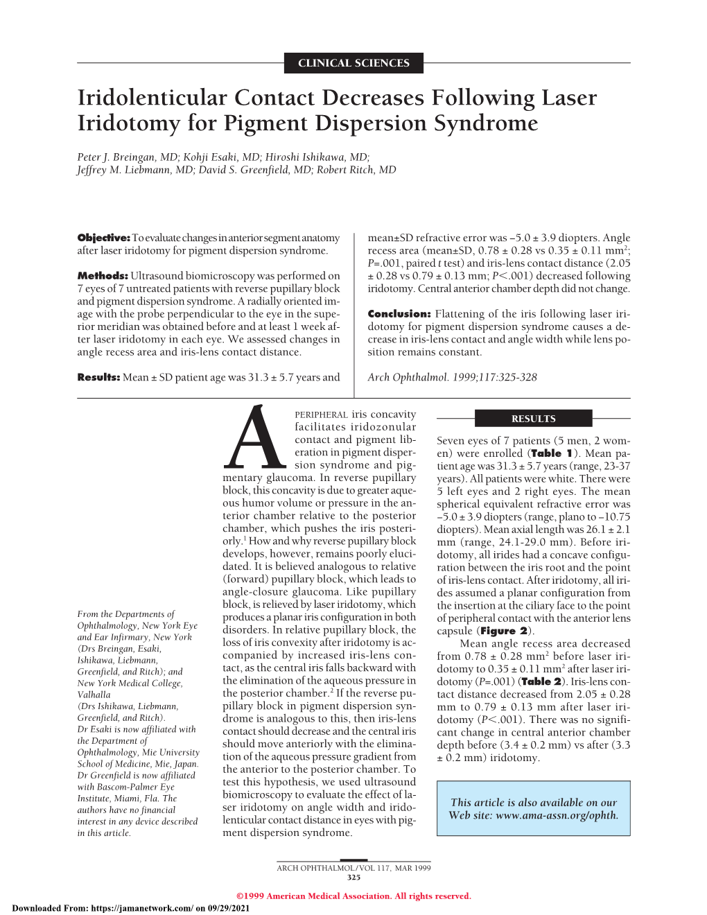 Iridolenticular Contact Decreases Following Laser Iridotomy for Pigment Dispersion Syndrome