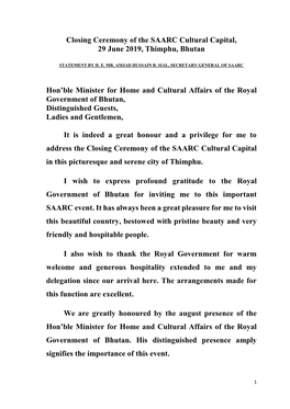 Closing Ceremony of the SAARC Cultural Capital, 29 June 2019, Thimphu, Bhutan