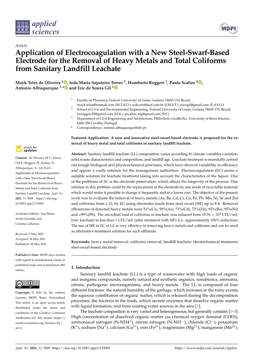 Application of Electrocoagulation with a New Steel-Swarf-Based Electrode for the Removal of Heavy Metals and Total Coliforms from Sanitary Landfill Leachate