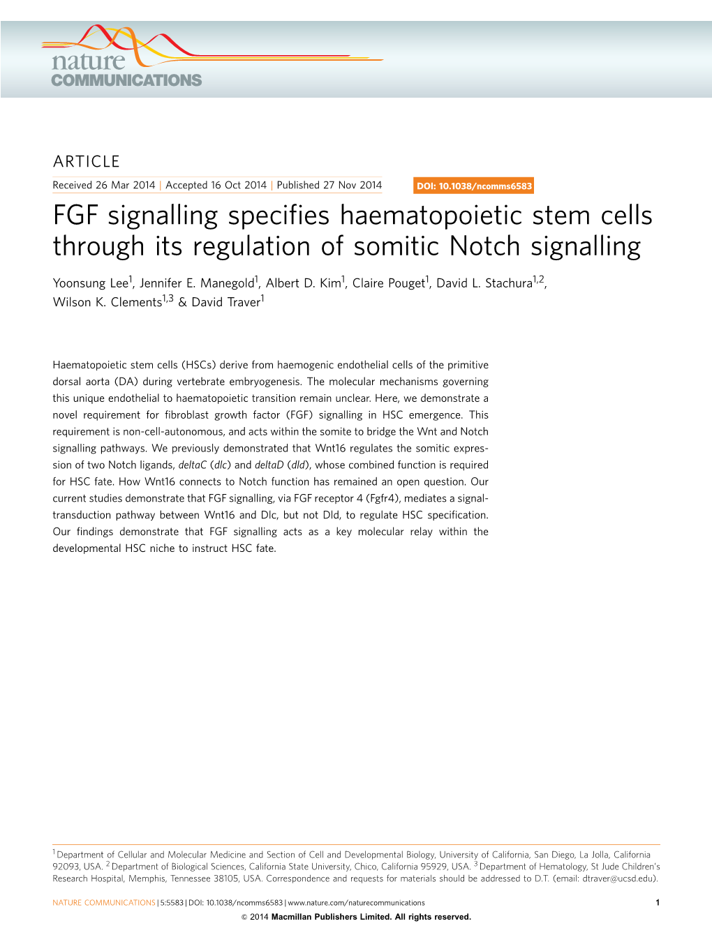 FGF Signalling Specifies Haematopoietic Stem Cells Through Its Regulation of Somitic Notch Signalling