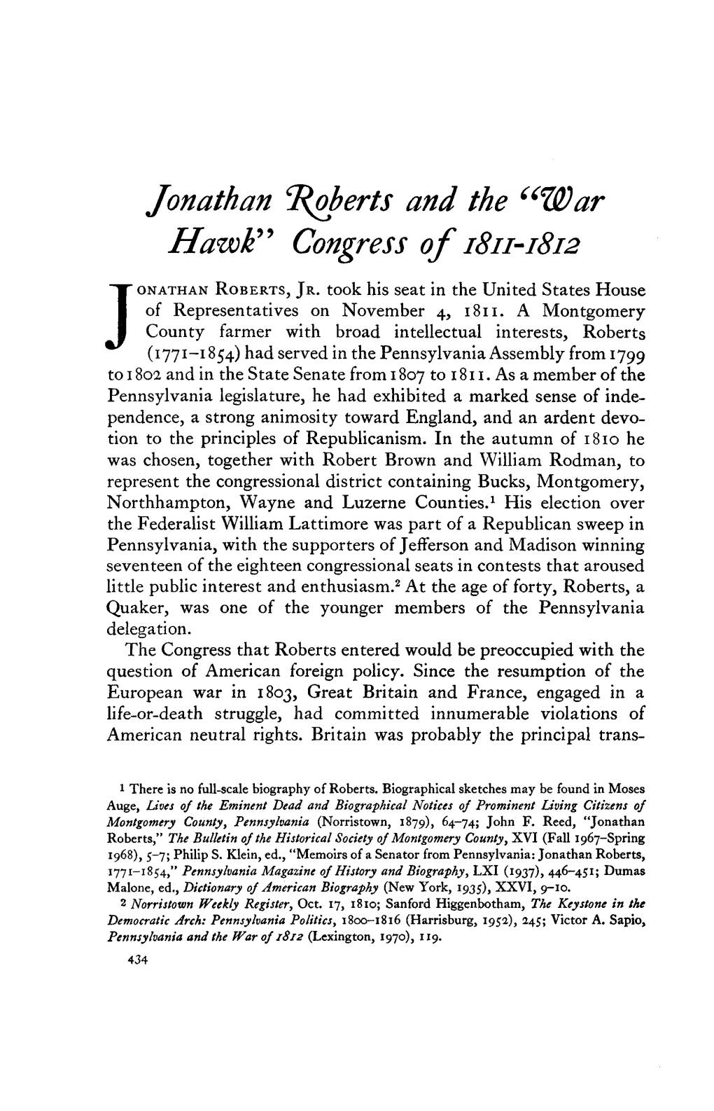 Jonathan Roberts and the "War Hawk" Congress of 1811-1812