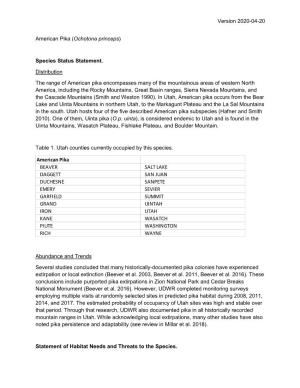 Version 2020-04-20 American Pika (Ochotona Princeps) Species Status