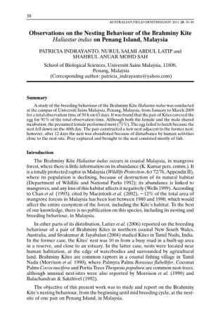 Observations on the Nesting Behaviour of the Brahminy Kite Haliastur Indus on Penang Island, Malaysia
