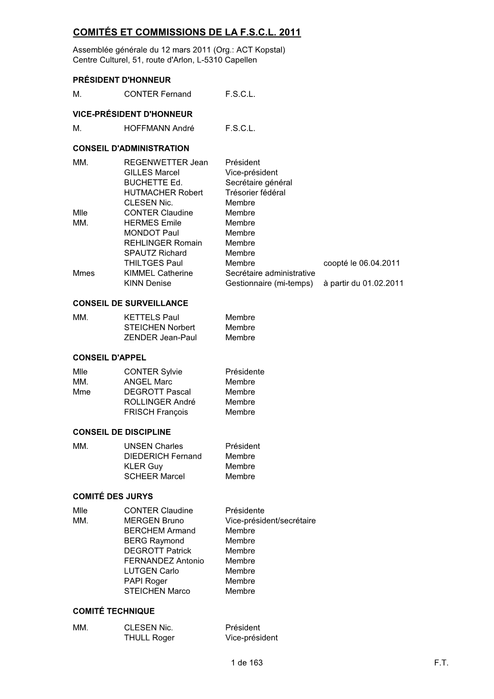 Comités Et Commissions De La F.S.C.L. 2011