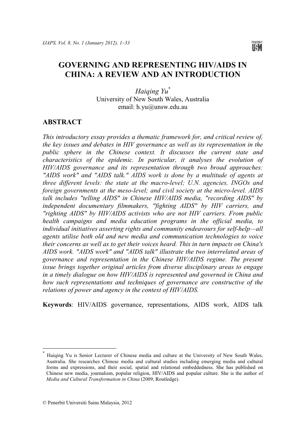 Governing and Representing Hiv/Aids in China: a Review and an Introduction